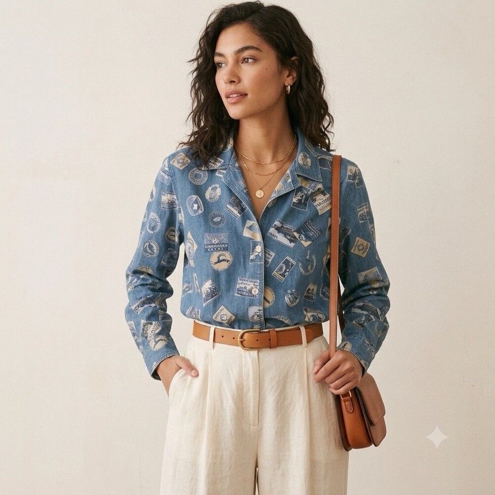 VTG Liz Claiborne Chambray Denim Postage Stamp Travel Button Front Shirt PM